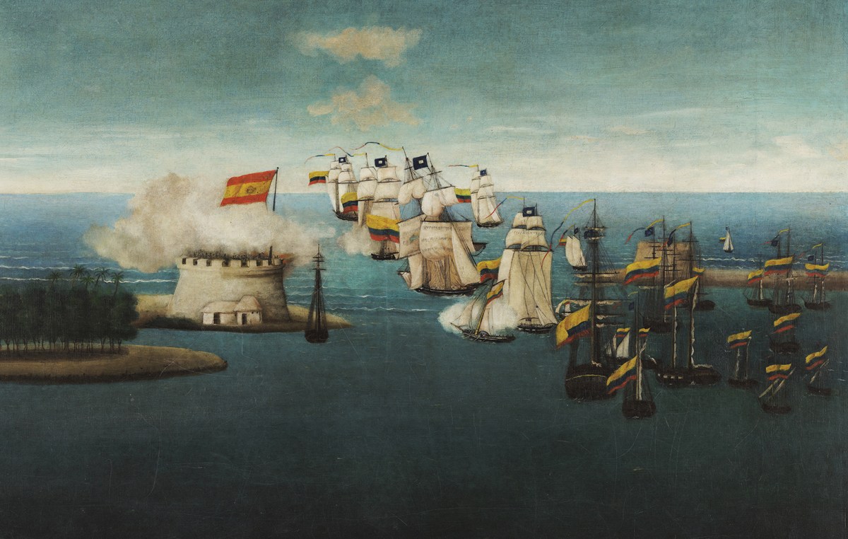 Painting of the Battle of Lake Maracaibo Colombian Navy Bombarding Castle, 1823.
