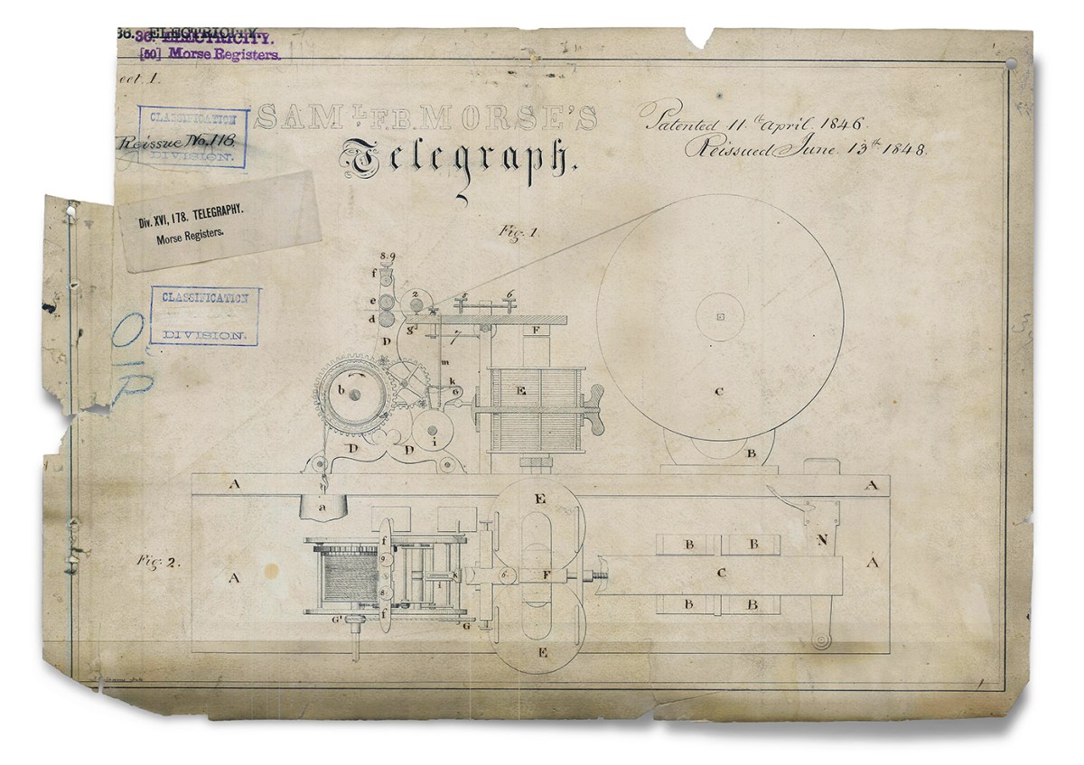 Photo of Samuel Morse's patent drawing of his telegraph design.