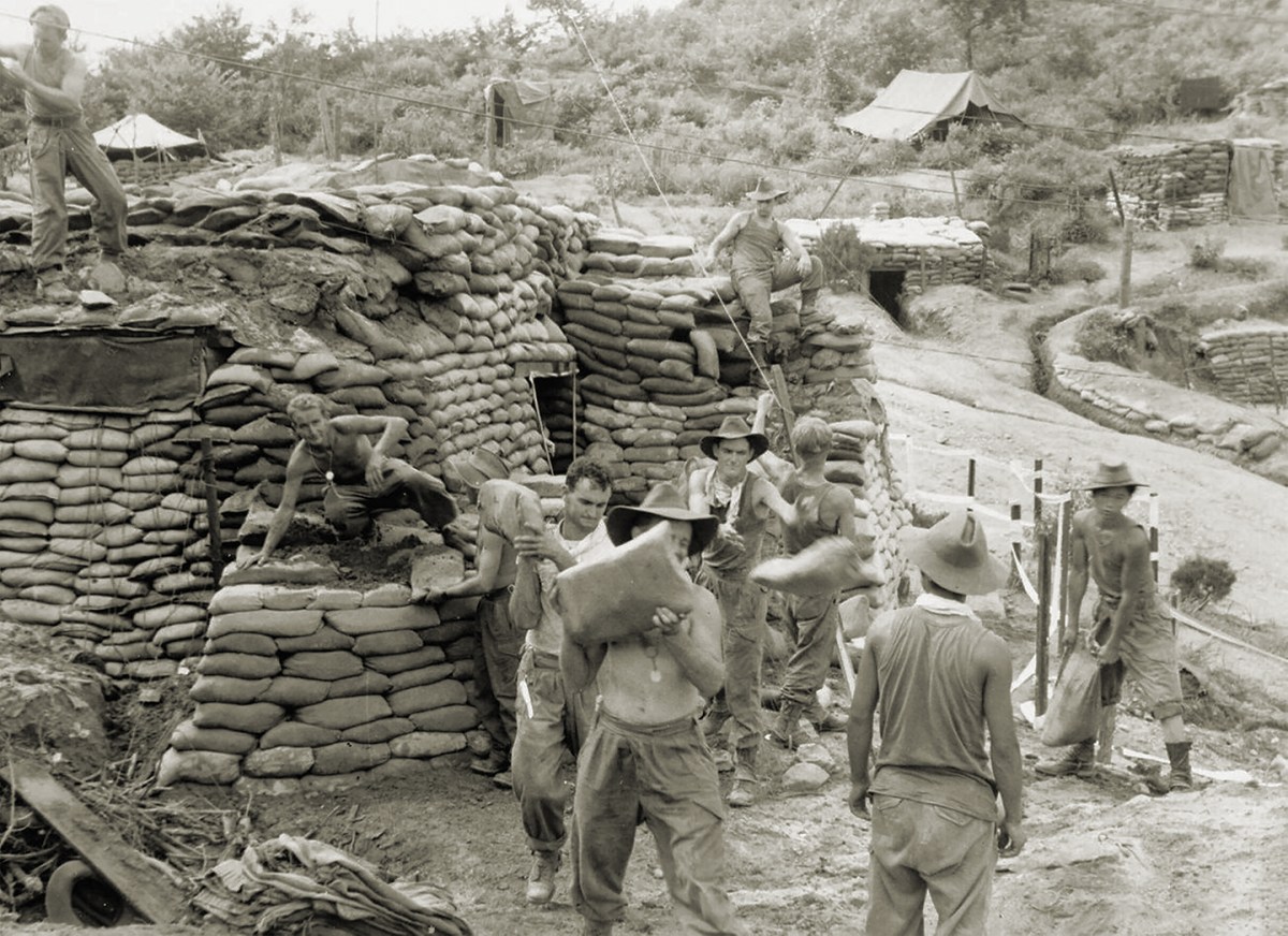 Photo of British troops during the Korean War working on a bunker.