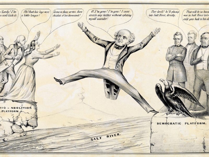 This cartoon pokes fun at Martin Van Buren’s inability to build a Free Soil Party coalition during the 1848 presidential run.