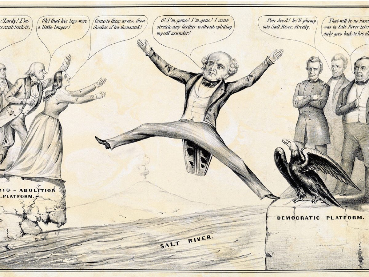 This cartoon pokes fun at Martin Van Buren’s inability to build a Free Soil Party coalition during the 1848 presidential run.