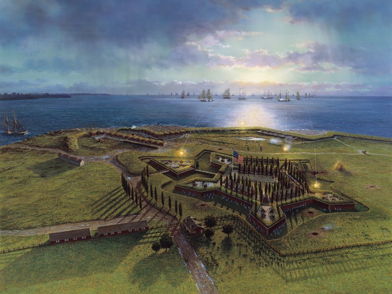 Painting of Aerial view of Fort McHenry, c1814: Artist's conception of the dawn bombardment of Fort McHenry on September 13, 1814 by the British Navy under the command of Vice Admiral Alexander Cochrane.