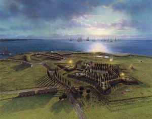 Painting of Aerial view of Fort McHenry, c1814: Artist's conception of the dawn bombardment of Fort McHenry on September 13, 1814 by the British Navy under the command of Vice Admiral Alexander Cochrane.