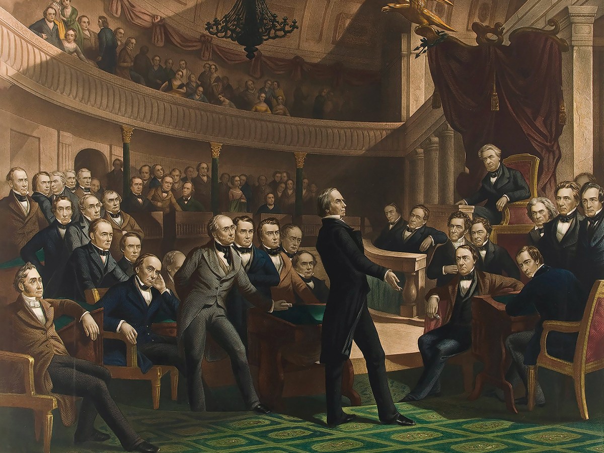 Painting of the United States Senate, a.d. 1850, pub. C. 1855 colour lithograph. Compromise of Clay; Henry Clay 1777 - 1852