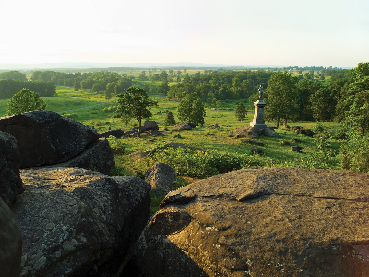 Photo of Little Round Top, at Gettysburg National Military Park, Pa., offers a sweeping view. From this hill, on the left end of the Union line, Lt. Col. Joshua Chamberlain led the 20th Maine Volunteers in a bayonet counterattack against the 15th Alabama Infantry and other Confederate units on July 2, 1863.