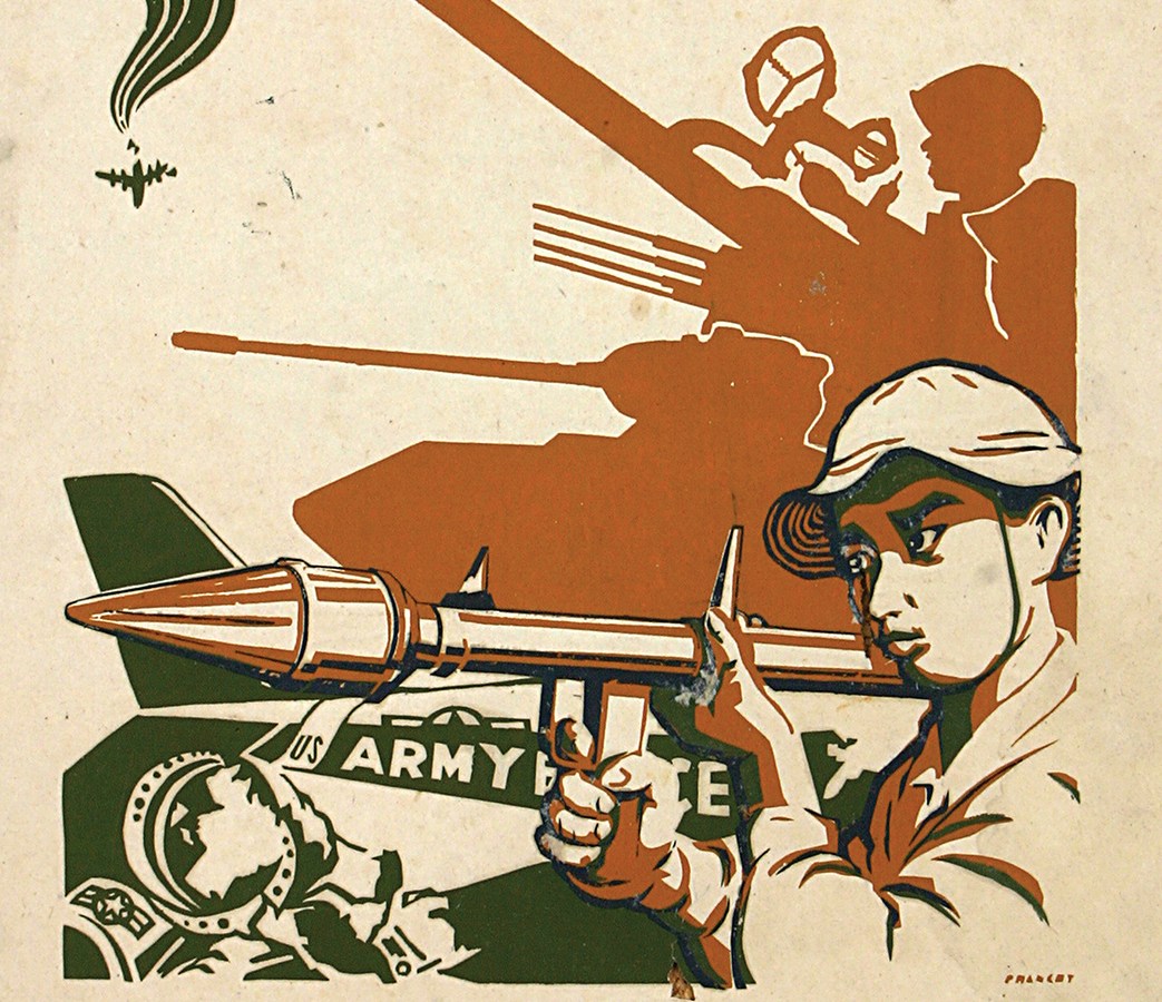 A North Vietnamese poster from 1968 shows VC fighters “determined to beat the American enemy.” A shot-down U.S. pilot lies in the foreground while an American jet crashes in the distance.
