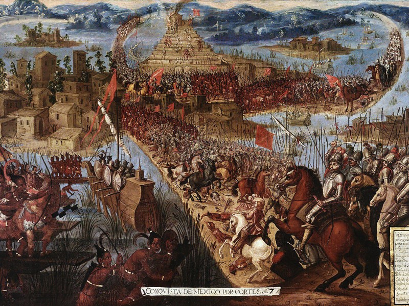 Painting of, In the summer of 1521 the culminating battles in the seesaw siege of Tenochtitlán (present-day Mexico City) pitted Cortés’ Spaniards and a host of Indian allies against the once dominant Aztecs.