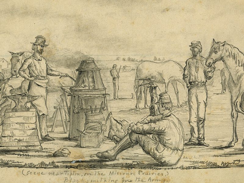 Drawing of a group of soldiers, one relaxing in foreground, one stoking a fire, and two putting shoes on horses. (Scene near Tipton, on the Missouri Prairies,) Blacksmithing in the Army.