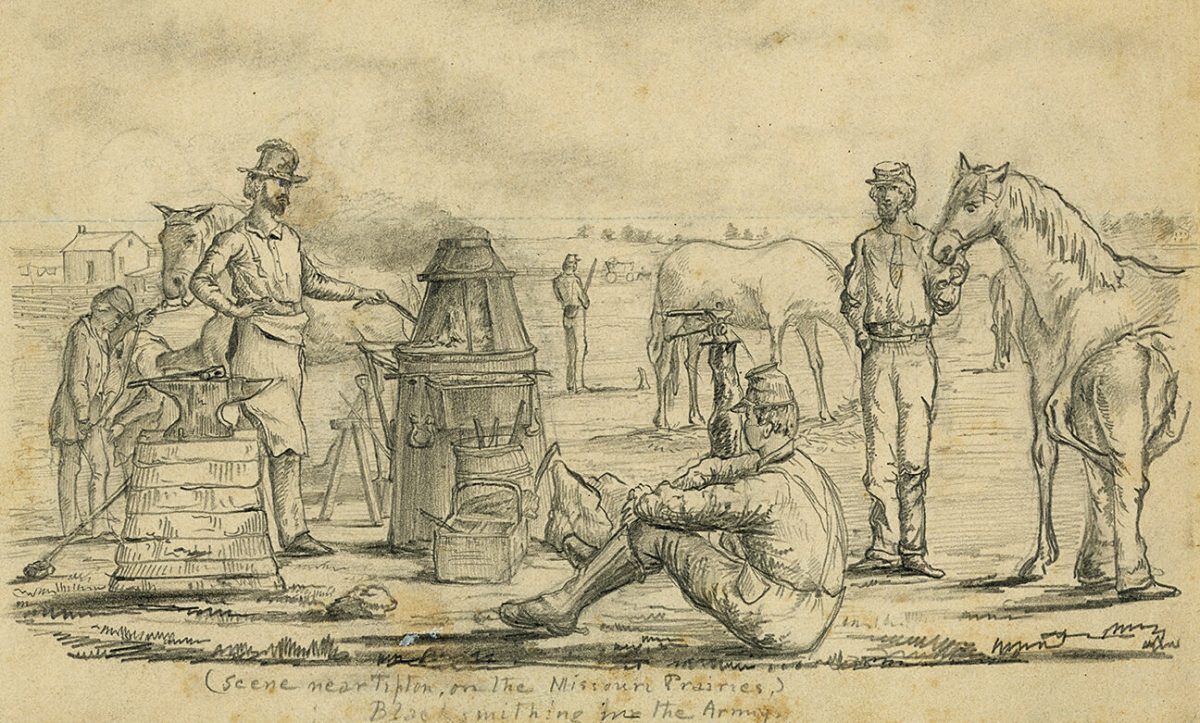 Drawing of a group of soldiers, one relaxing in foreground, one stoking a fire, and two putting shoes on horses. (Scene near Tipton, on the Missouri Prairies,) Blacksmithing in the Army.