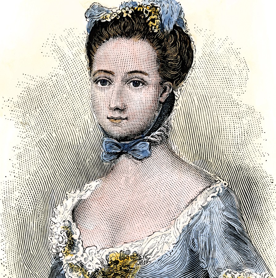 A hand-colored woodcut of Baroness Fredericka von Riedesel wife of a Hessian officer in the American Revolution.