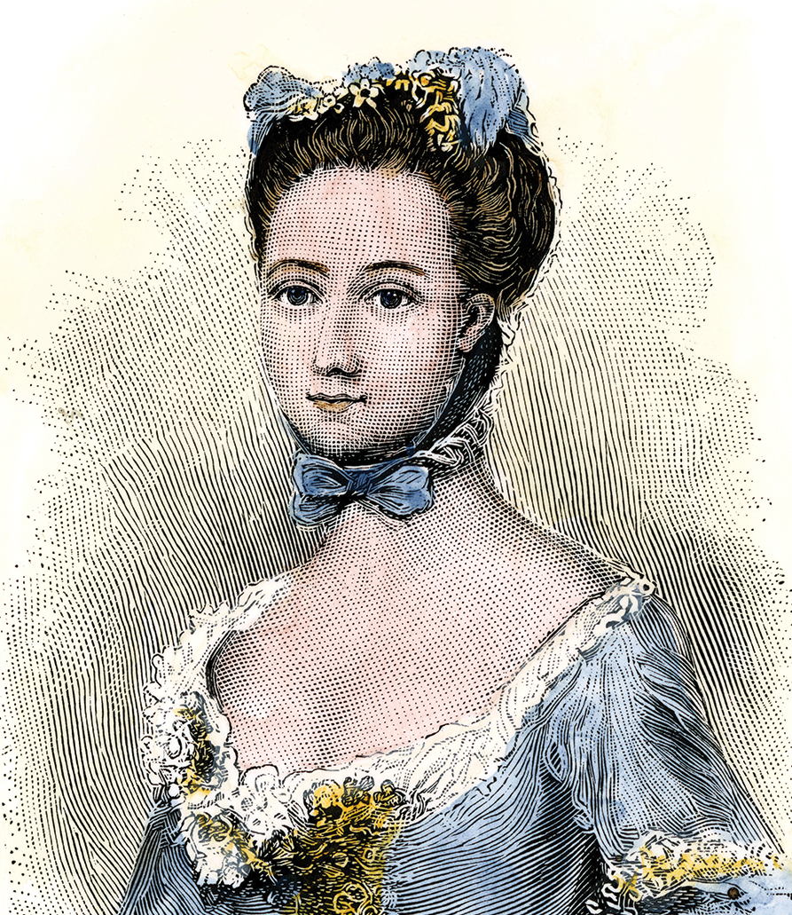 A hand-colored woodcut of Baroness Fredericka von Riedesel wife of a Hessian officer in the American Revolution.