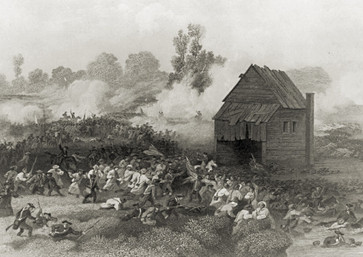 Drawing of the Battle of Long Island. Retreat of the Americans under Gen. Stirling across Gowanus Creek.