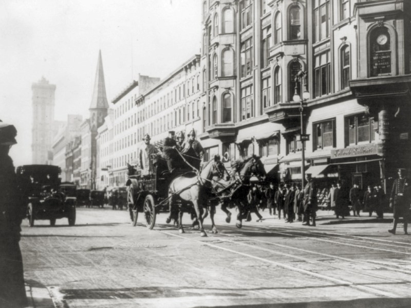 Photo of a horse-drawn fire engines in street, on their way to the Triangle Shirtwaist Company fire, New York City