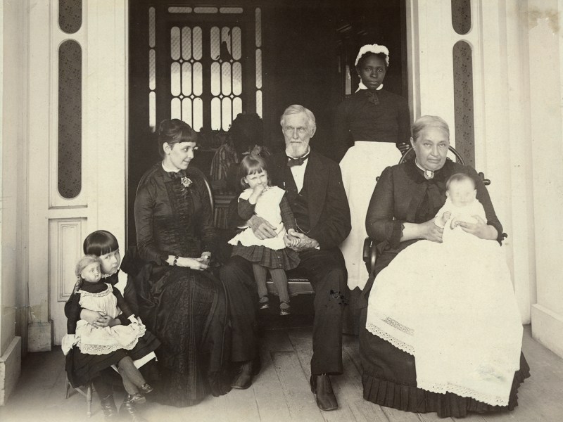 Photo shows the Davis Family at Beauvoir, Mississippi, in 1884 or 1885 (l to r): Varina Howell Davis Hayes [Webb] (1878-1934), Margaret Davis Hayes, Lucy White Hayes [Young] (1882-1966), Jefferson Davis, unidentified servant, Varina Howell Davis, and Jefferson Davis Hayes (1884-1975), whose name was legally changed to Jefferson Hayes-Davis in 1890.